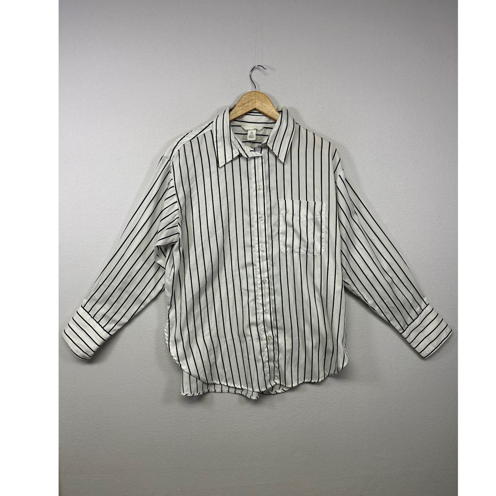 Dark Academia H&M‎ Womens Size M White Black Striped Button Down Pocket Shirt